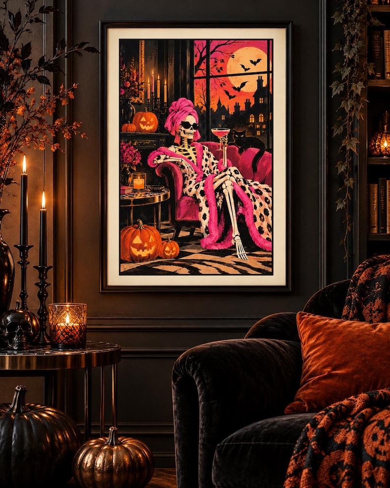 Pink Halloween skeleton print of a skeleton lounging in a hot pink armchair in a leopard print robe and pink towel, extra photo 2