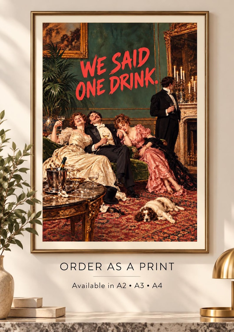 We Said One Drink Victorian party scene print in teal, gold and blush pink, professionally printed, extra photo 1