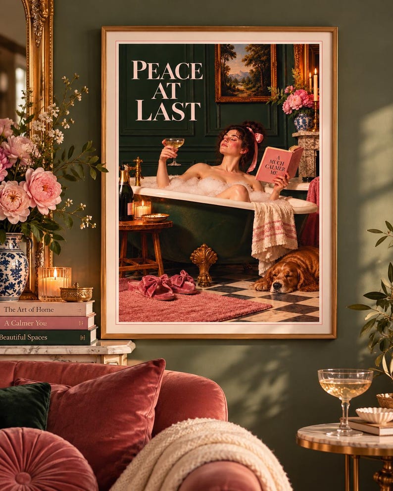 Peace At Last bathroom print of a woman in a bubble bath with champagne, a book and her sleeping dog, professionally printed, extra photo 1