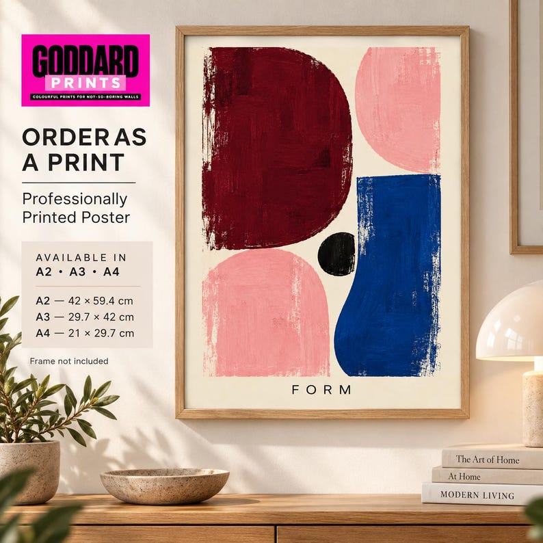 Contemporary Form Abstract Print, Burgundy Blue Pink Geometric Wall Art