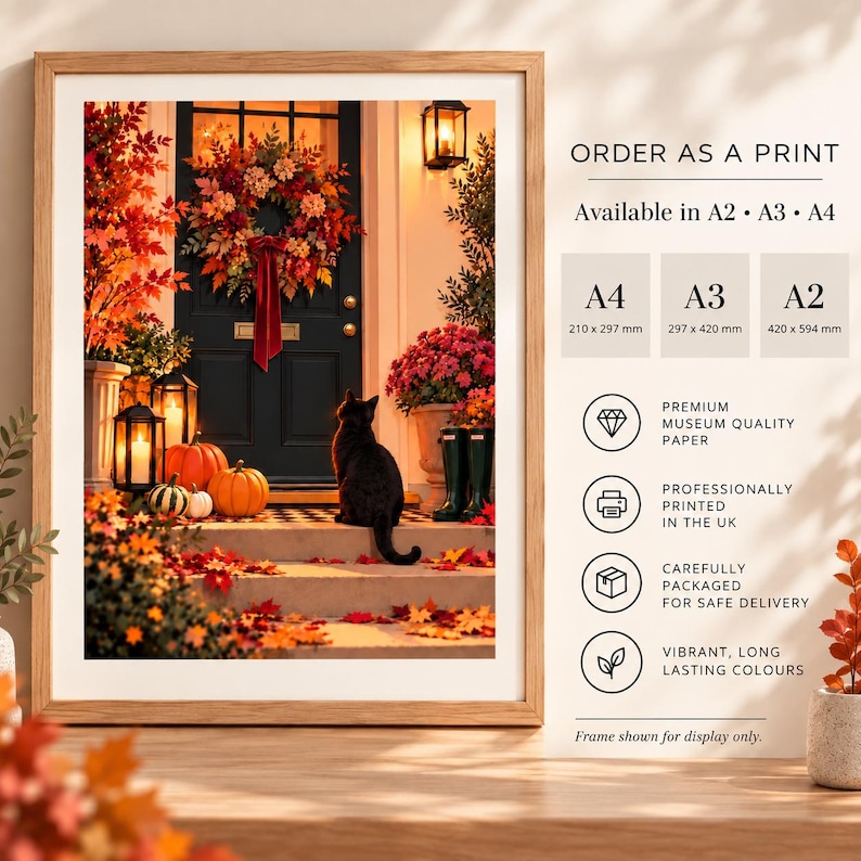 Autumn black cat front door print with pumpkins, glowing lanterns and a wreath, professionally printed