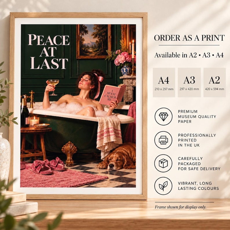 Peace At Last bathroom print of a woman in a bubble bath with champagne, a book and her sleeping dog, professionally printed