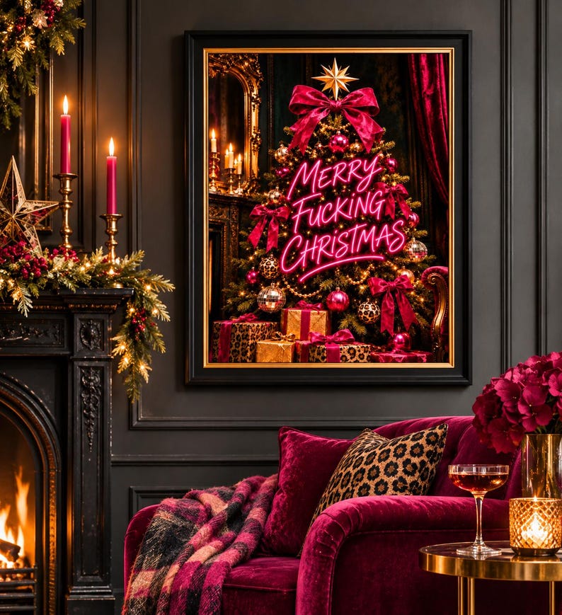 Merry Fucking Christmas print with neon pink typography over a dark Victorian Christmas tree with velvet bows, gold ornaments and leopard print details, extra photo 3