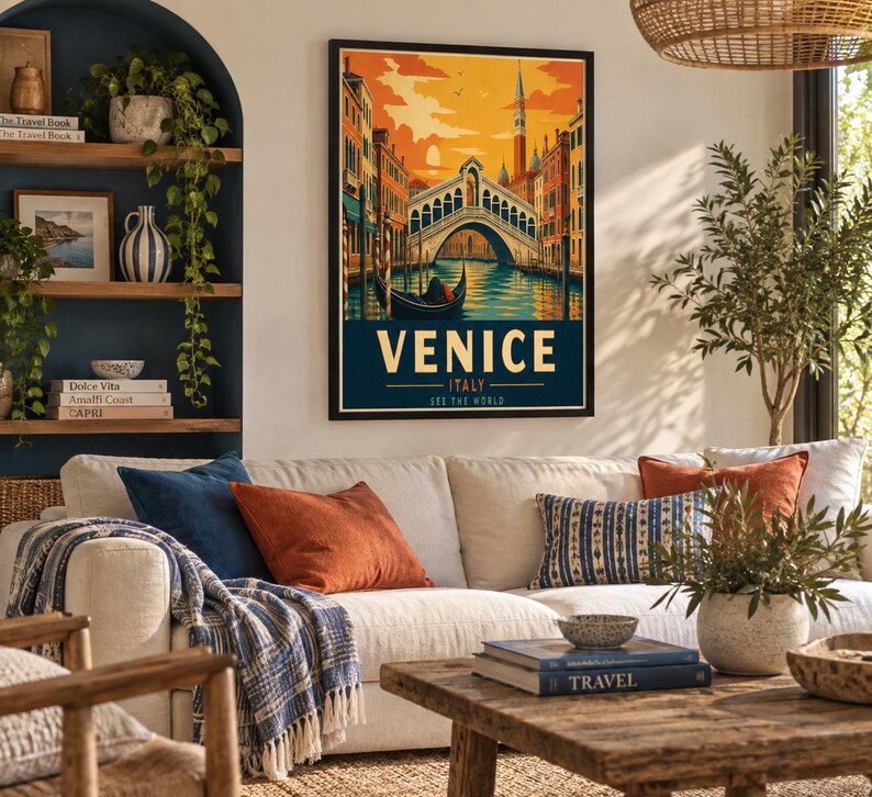 Venice Italy travel poster with Rialto Bridge, gondolas and sunset sky, extra photo 1