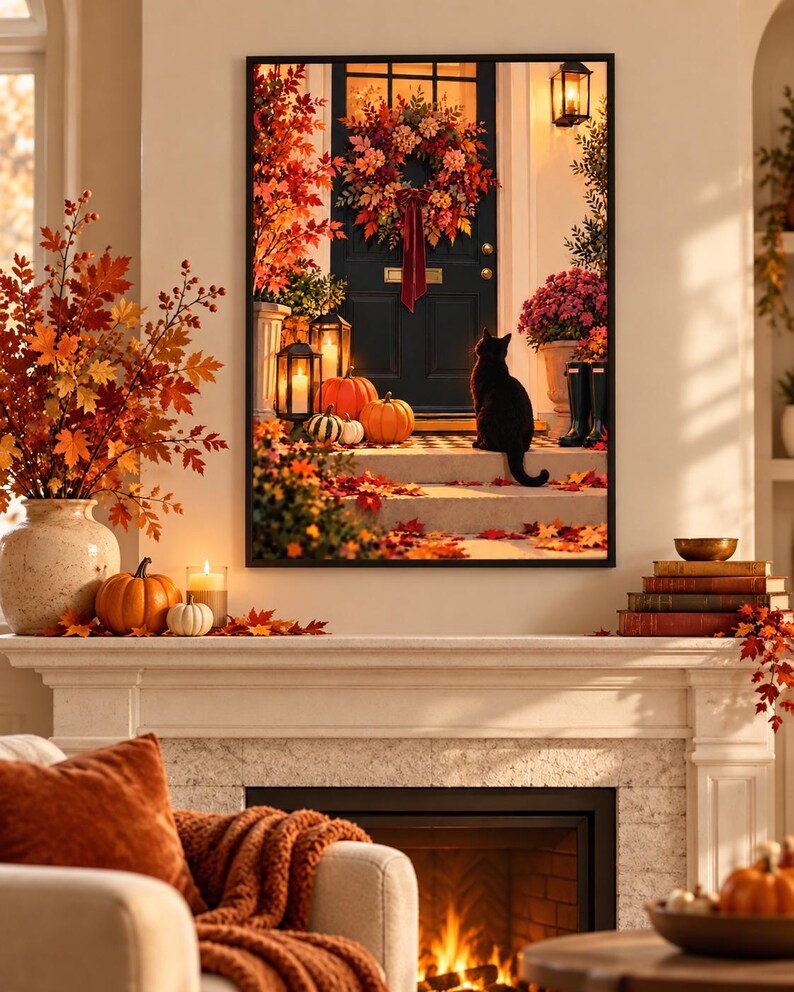 Autumn black cat porch print with pumpkins, glowing lanterns and a wreathed front door, extra photo 3