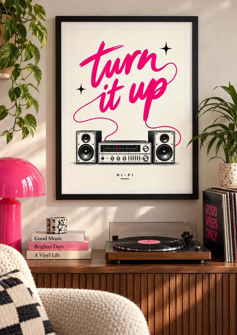 Retro Hi-Fi Music Lover Print, Pink Typography, Vintage Stereo, extra photo 1
