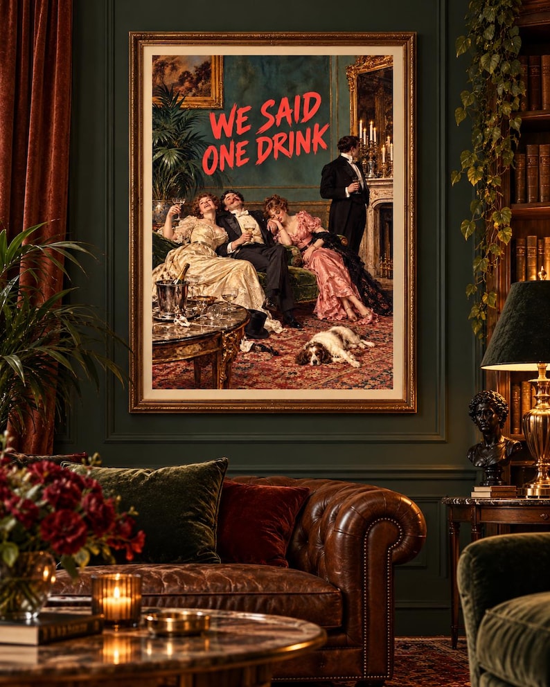 We Said One Drink Victorian party scene print in teal, gold and blush pink, professionally printed, extra photo 2