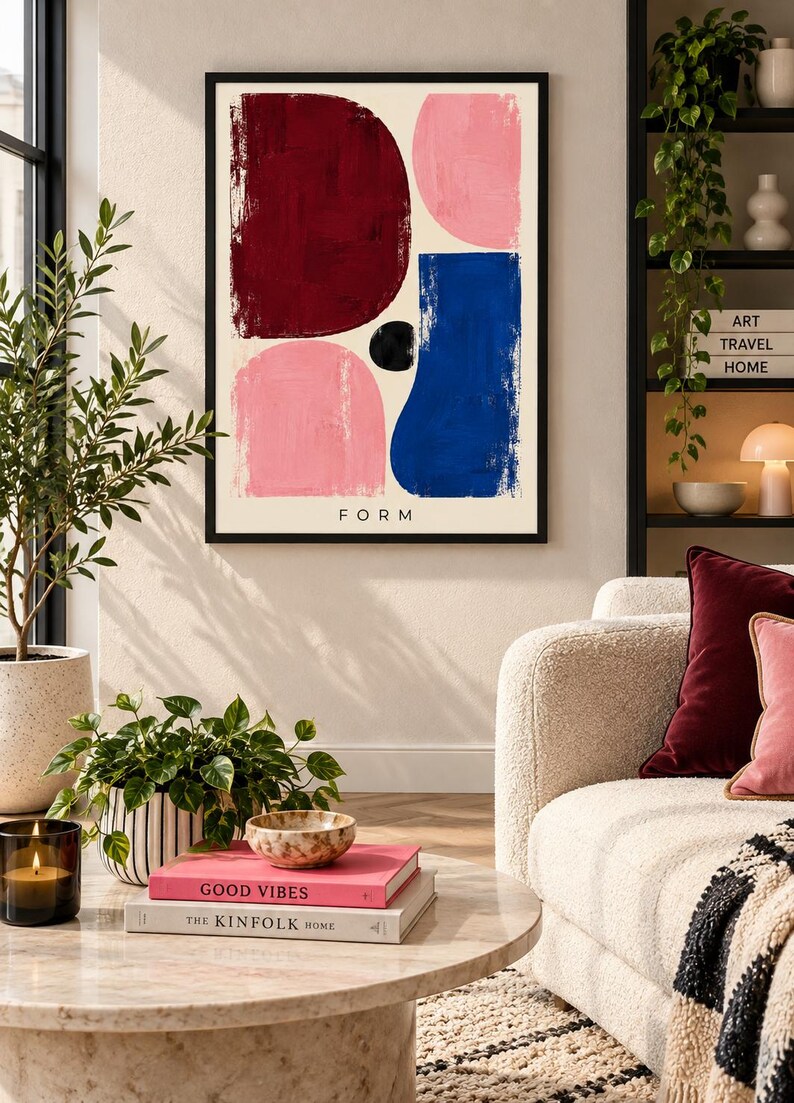 Abstract Geometric Poster, Burgundy Pink Blue Minimalist Print, extra photo 1
