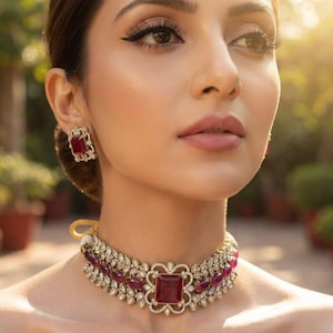 May include: A gold-toned choker necklace featuring a large central rectangular red gemstone surrounded by smaller clear stones and oval red accents. Matching rectangular stud earrings with a central red stone and clear stone border.