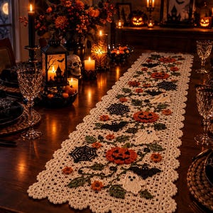 Peut inclure: Un chemin de table rectangulaire en crochet couleur crème orné d'un motif complexe de citrouilles orange, de chauves-souris noires, de fantômes blancs, de toiles d'araignées noires et de vignes vertes avec de petites fleurs orange.