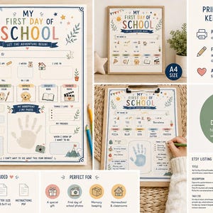 Puede incluir: Un cartel imprimible de Mi primer día de escuela con un cuestionario para que un niño lo complete, incluyendo secciones para nombre, edad, altura, peso, favoritos, maestro y un espacio para una huella de mano o una fotografía.