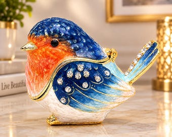 Handbeschilderd roodborstje sieradendoosje | Emaille vogel sieradendoosje | Opbergdoosje met scharnier voor ringen en oorbellen | Cadeau en woondecoratie voor vogelliefhebbers
