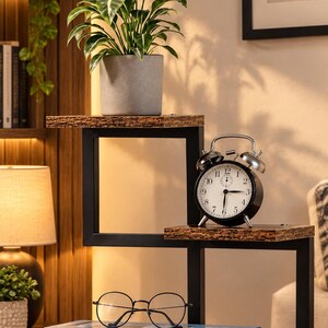 May include: A tiered display shelf with a black metal frame and textured brown wood-grain surfaces. It holds a green plant in a gray pot, a black analog alarm clock, a pair of round black-rimmed glasses, and two stacked books titled Lost Fish.