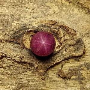 May include: A round, deep magenta star ruby gemstone featuring a distinct six-rayed star pattern across its smooth, polished surface. The gemstone displays a rich, saturated color with subtle internal inclusions and a reflective, cabochon cut.