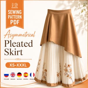 May include: A PDF sewing pattern for an asymmetrical pleated skirt in sizes XS-XXXL. The skirt features a solid tan upper layer with an asymmetrical hem over a white pleated lower layer decorated with brown floral branch patterns and a tan hem.