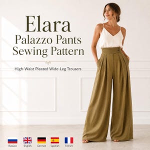 May include: A sewing pattern for Elara palazzo trousers, featuring high-waist pleated wide-leg trousers. The text on the image reads: Elara Palazzo Pants Sewing Pattern, High-Waist Pleated Wide-Leg Trousers. The image shows olive green trousers.