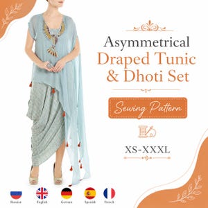 May include: An asymmetrical draped tunic and dhoti set sewing pattern in sizes XS-XXXL. The tunic is light blue with a bird embroidery and red tassels, while the dhoti features a grey and white striped pattern. Text reads Asymmetrical Draped Tunic & Dhoti Set.