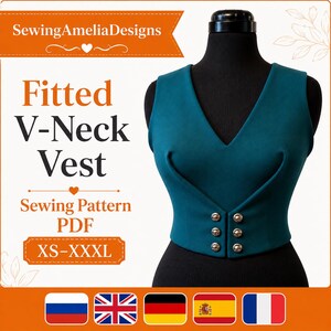 May include: A teal fitted V-neck vest with six silver-toned buttons arranged in two vertical rows. The text on the image reads SewingAmeliaDesigns, Fitted V-Neck Vest, Sewing Pattern PDF, and XS-XXXL, accompanied by five national flag icons.