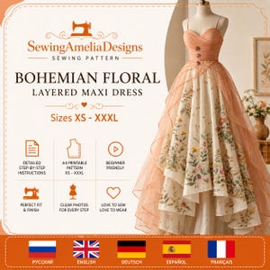 Op de afbeelding: Een naaipatroon voor een maxi-jurk getiteld SewingAmeliaDesigns Bohemian Floral Layered Maxi Dress, met een perzikkleurig lijfje met drie knopen en een gelaagde rok met bloemenprint, verkrijgbaar in de maten XS tot en met XXXL.