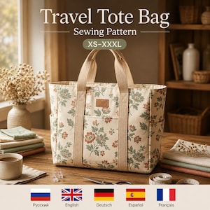 Pode incluir: Um molde de costura para bolsa de viagem com fundo creme e estampa floral em tons de verde e laranja suaves. A bolsa possui duas alças de lona bege, um bolso frontal e uma pequena etiqueta retangular. Texto Travel Tote Bag.