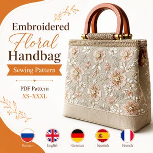 Embroidered Linen Handbag Sewing Pattern, Floral Wooden Handle Purse (PDF)