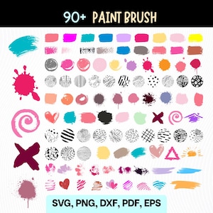 Könnte beinhalten: Eine digitale Sammlung von über 90 Pinselstrichen, Spritzern und texturierten Formen in verschiedenen Farben wie Pink, Blau, Gelb und Schwarz. Das Bild zeigt diverse Muster, Herzen, Spiralen und Kreuze sowie den Text 90+ PAINT BRUSH und SVG, PNG, DXF, PDF, EPS.
