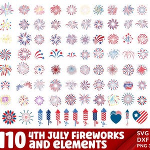 Puede incluir: Una colección de 110 ilustraciones de fuegos artificiales, iconos de cohetes y formas de corazón en rojo, blanco y azul con patrones patrióticos. El texto en la parte inferior dice X110 4TH JULY FIREWORKS AND ELEMENTS SVG | EPS DXF | PDF PNG 300DPI.