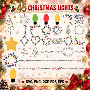 Könnte beinhalten: Eine digitale Sammlung von 45 Weihnachtslichter-Grafiken mit verschiedenen Lichterketten-Anordnungen, einzelnen Glühbirnen-Symbolen in Grün, Rot und Gelb sowie Formen wie Sternen, Herzen und Bäumen, mit dem Text 45 CHRISTMAS LIGHTS.