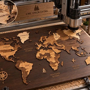 May include: A wooden world map wall art piece being engraved by a CNC machine. The map features layered wood in varying brown tones with engraved text labels for continents and oceans. A compass rose, a small airplane, and a sailboat are included.