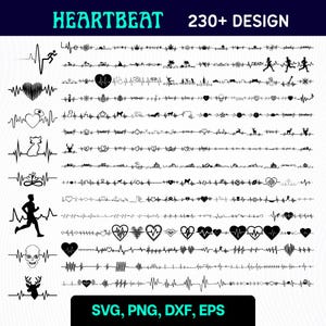 May include: A digital collection of over 230 black heartbeat line art designs on a white background. The graphic set features various electrocardiogram patterns incorporating silhouettes of people, animals, hearts, and text. Labeled SVG, PNG, DXF, EPS.