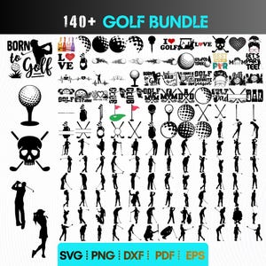 Puede incluir: Una colección digital de más de 140 diseños gráficos de golf en blanco y negro, que incluye siluetas de golfistas, pelotas, palos, bolsas y frases de texto como Born to Golf, organizados en una cuadrícula para archivos SVG, PNG, DXF, PDF y EPS.