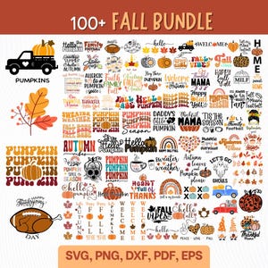 Könnte beinhalten: Eine digitale Sammlung von über 100 herbstlichen Grafikdesigns mit Kürbissen, Herbstblättern, Fußbällen und saisonalen Schriftzügen wie 'Fall Bundle', 'Hello Pumpkin' und 'Sweater Weather'. Die Grafiken sind in Schwarz, Orange und bunt.