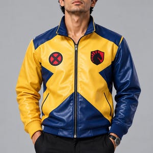 May include: A blue and yellow zip-up jacket featuring a high collar, long sleeves with ribbed cuffs, and two side pockets. The chest displays a circular red and black emblem on the right and a black horse head shield logo on the left side.
