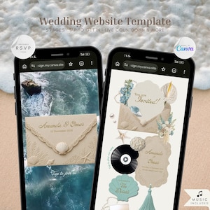 Op de afbeelding: Twee smartphones tonen een trouwwebsite-sjabloon met een kustthema. De schermen tonen beige enveloppen, schelpen, bloemaccenten en tekst waaronder "Amanda & Omar", "You are Invited!" en "The Details" tegen een achtergrond van de oceaan.