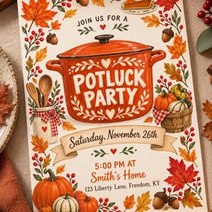 May include: A rectangular invitation card for a Potluck Party featuring a large orange Dutch oven, pumpkins, autumn leaves, and berries. The text reads: Join us for a Potluck Party, Saturday, November 26th, 5:00 PM at Smith's Home, 123 Liberty Lane, Freedom, KY.