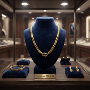 Puede incluir: Un collar de cadena dorada con un cierre en forma de S, una pulsera a juego y un par de pendientes dorados sobre soportes de terciopelo azul oscuro. Una placa dorada frontal dice Traditional 22k Gold. El conjunto está dentro de una vitrina.