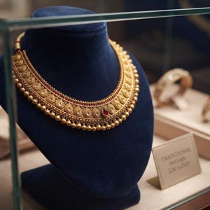 Puede incluir: Un collar de oro con intrincados patrones de filigrana en forma de lágrima, pequeñas cuentas doradas colgantes y una piedra roja central. Un letrero cercano dice TRADITIONAL INDIAN 22K GOLD. El collar se exhibe sobre un busto de terciopelo azul.