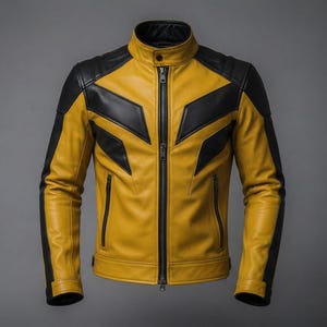 Könnte beinhalten: Eine senfgelbe und schwarze Jacke mit Stehkragen, einem durchgehenden Reißverschluss in der Mitte und zwei seitlichen Reißverschlusstaschen. Das Design umfasst schwarze Einsätze an Schultern und Brust sowie schwarze Streifen an den Ärmeln.