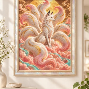 May include: A framed diamond painting featuring a white nine-tailed fox sitting amidst pink clouds and a golden sun. The artwork displays intricate textures and vibrant colors, encased in a light-colored, iridescent frame with a subtle sheen.