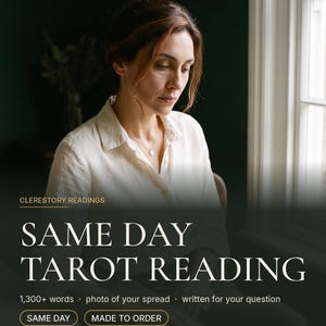 Könnte beinhalten: Eine Person in einem weißen Hemd mit Kragen und dem Text CLERESTORY READINGS, SAME DAY TAROT READING, 1,300+ words, photo of your spread, written for your question, SAME DAY, MADE TO ORDER und CLERESTORY READINGS in der unteren rechten Ecke.
