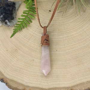 Long Deerskin lace wrapped Rose Quartz point stone necklace, love stone, spiritual, bohemian style, festival wear, hippie jewelry, Vday gift