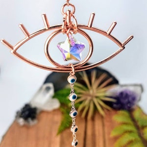 Rose Gold Eye Charm Suncatcher, Evil Eye Rainbow Maker, Crystal Prism, Window Sun Catcher, Car Charm, Boho Decor, Protection Gift