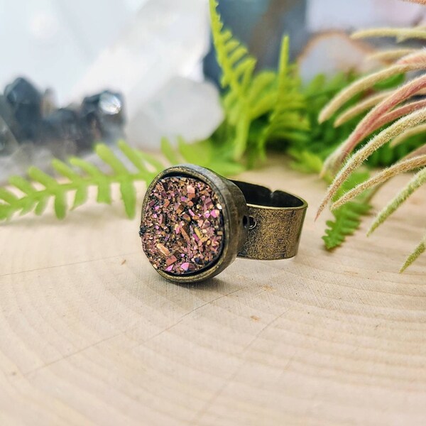 Rose Gold Acrylic druzy adjustable antique bronze ring, gypsy ring, bohemian style, hippie ring, sparkle, boho chic, festival, free spirit