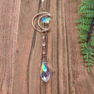 Crescent Moon Evil Eye Rainbow Maker, AB Crystal Suncatcher, Car Charm, Window Hanging, Boho Protective Decor, Luna