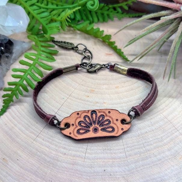 Burned flower design on leather bracelet, deerskin lace, pyrography, boho jewelry, gypsy style, festival wear, henna design, boho hippie