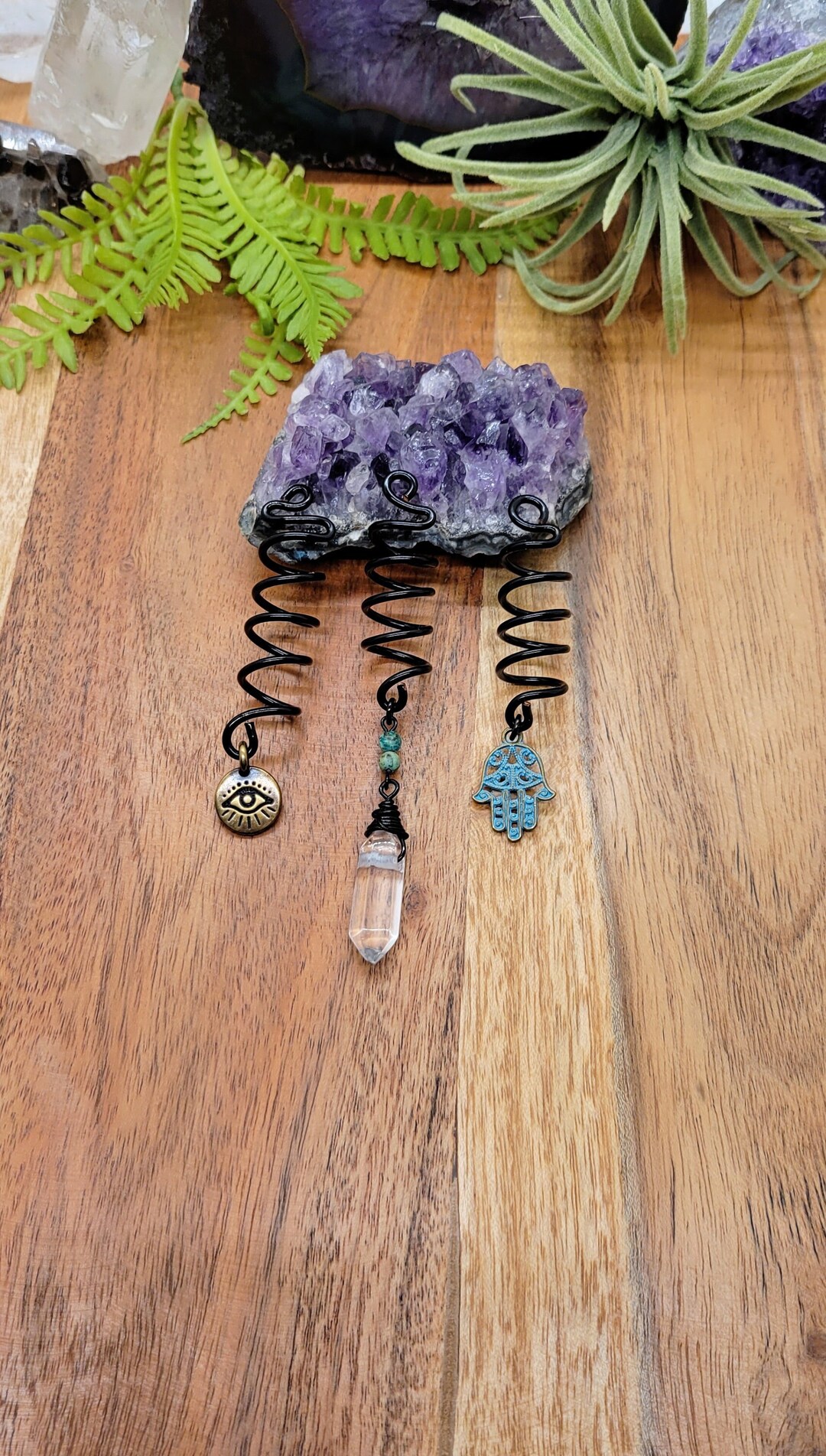Set of 3 Black Hair Spirals, Crystal Quartz Hair Spiral, Hamsa Hand