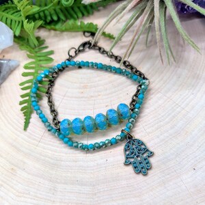 Turquoise beaded bracelets, Aqua Czech glass bead bracelet, Hamsa hand bracelet, Yoga jewelry, Good luck charms, Festival jewelry