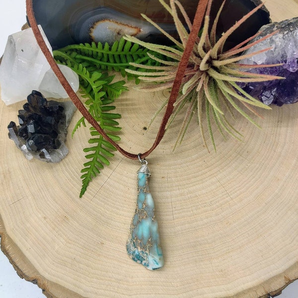 Light blue dyed Jasper necklace, leather cord, wire wrapped, festival style, unisex, hippie jewelry, gypsy gem, boho chic, bohemian