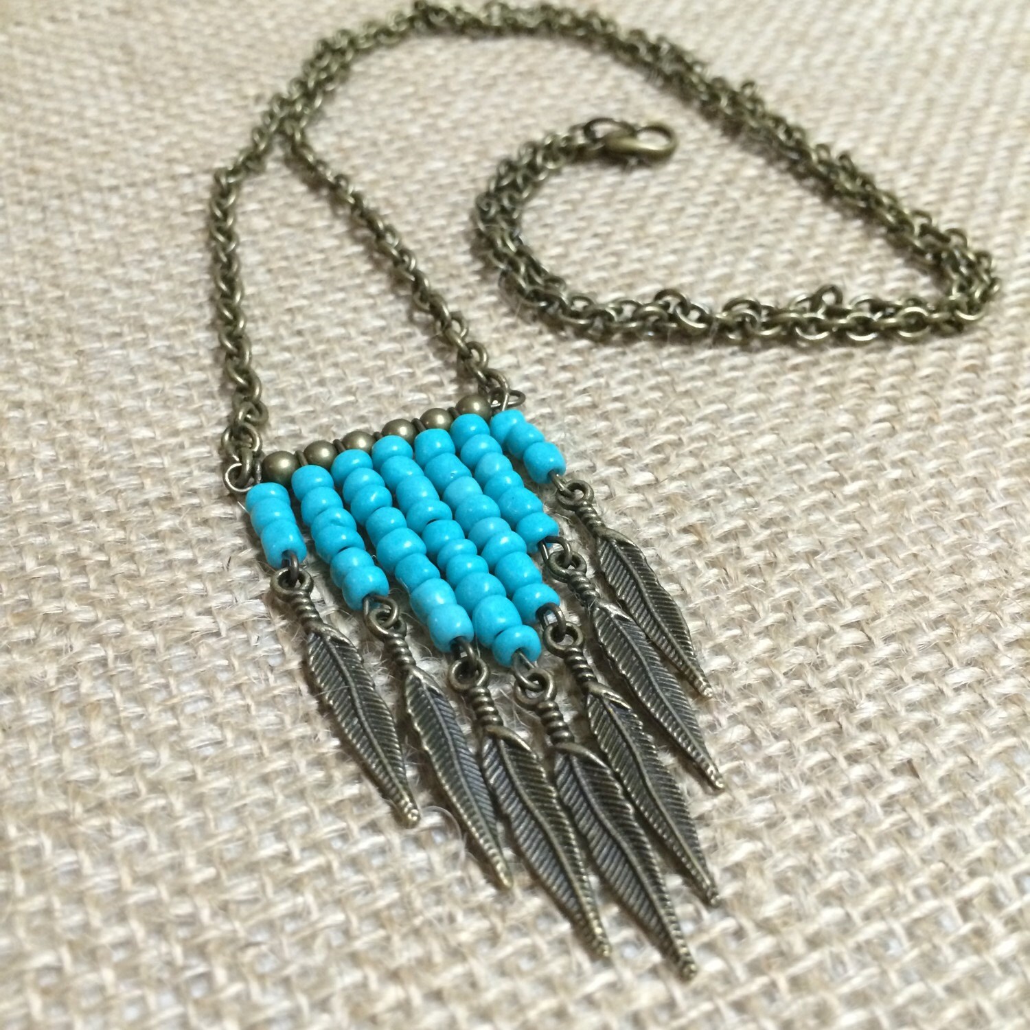 Hand Beaded Turquoise Chevron Necklace With Antique Bronze - Etsy