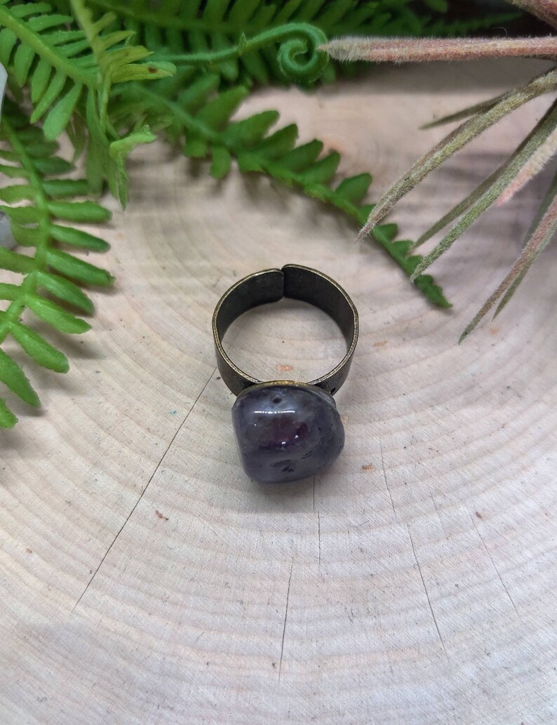May include: A ring with a purple amethyst stone set in a bronze band.